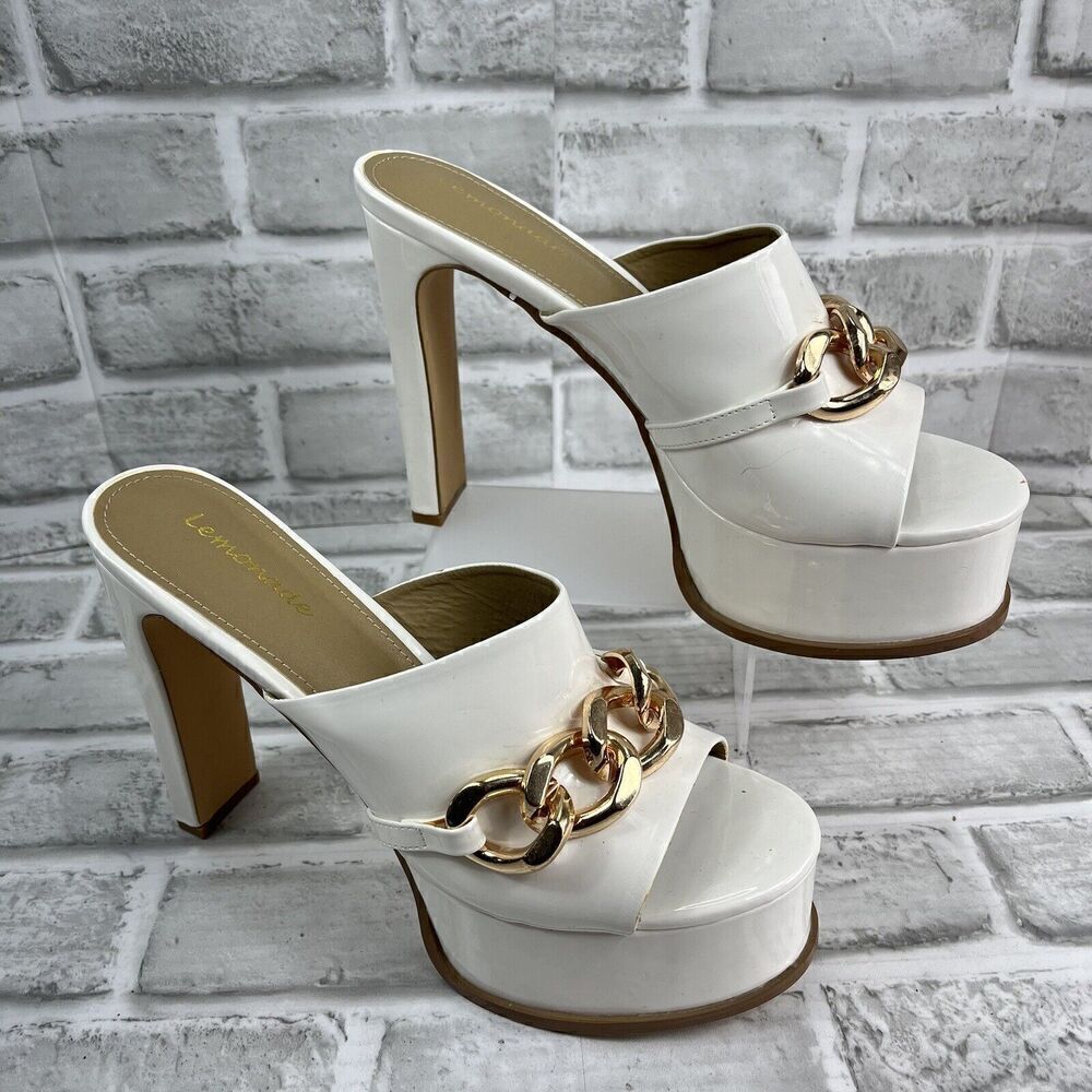 Lemonade No Chill Women’s Size 9 White Platform Pumps With Gold Chain Detail - Picture 4 of 13